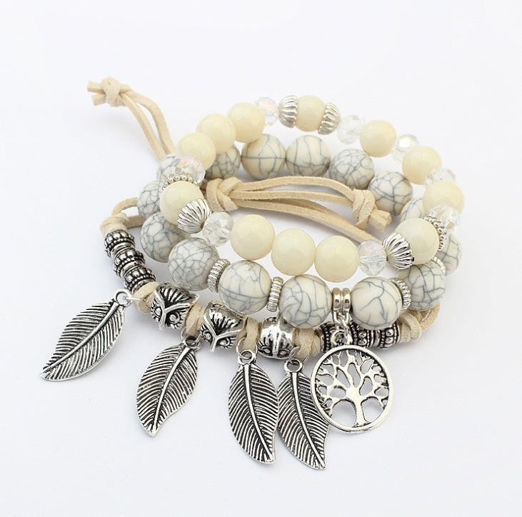Europe and America retro life tree leaves multi-layer bracelet female hand-made glass beads
