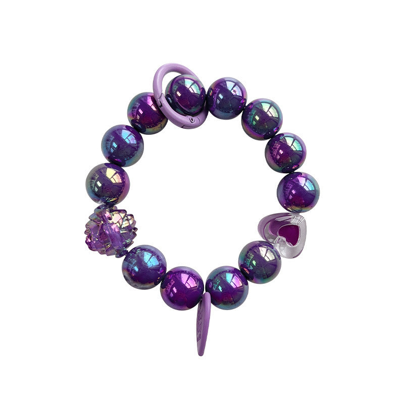 Plating Color Round Beads Handmade Beaded Purple Rose Love Hanging Mobile Phone Charm Keychain