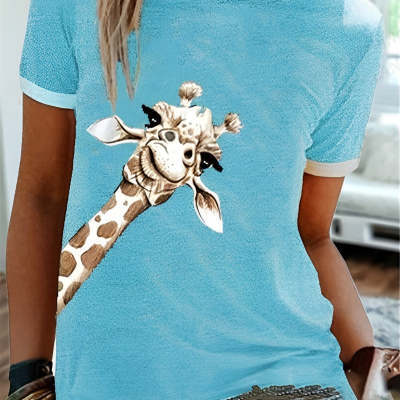 Fashion Giraffe Print Solid Color Short Sleeve Crew Neck T-shirt