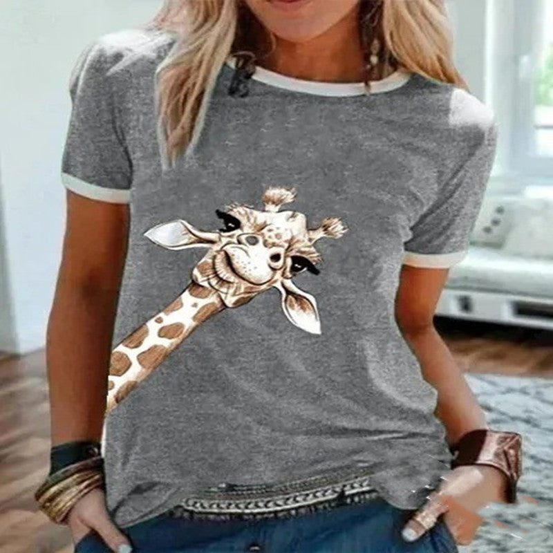 Fashion Giraffe Print Solid Color Short Sleeve Crew Neck T-shirt