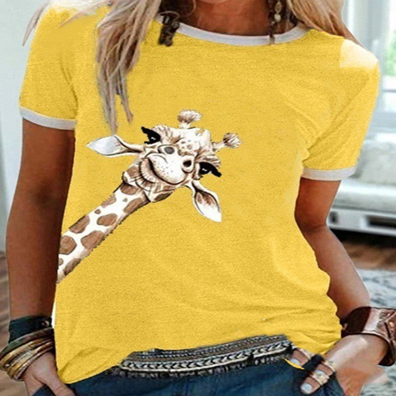 Fashion Giraffe Print Solid Color Short Sleeve Crew Neck T-shirt