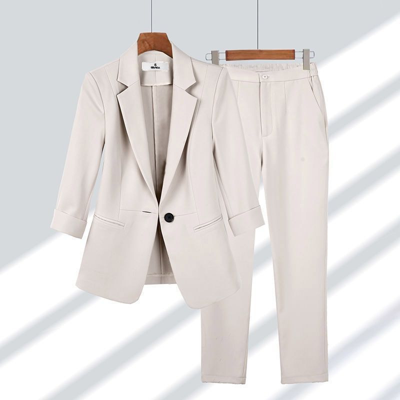 2pcs Casual Blazer Set Solid Color Lapel Single-breasted Jacket And Zipper Straight Pants Women's Office Business Suit