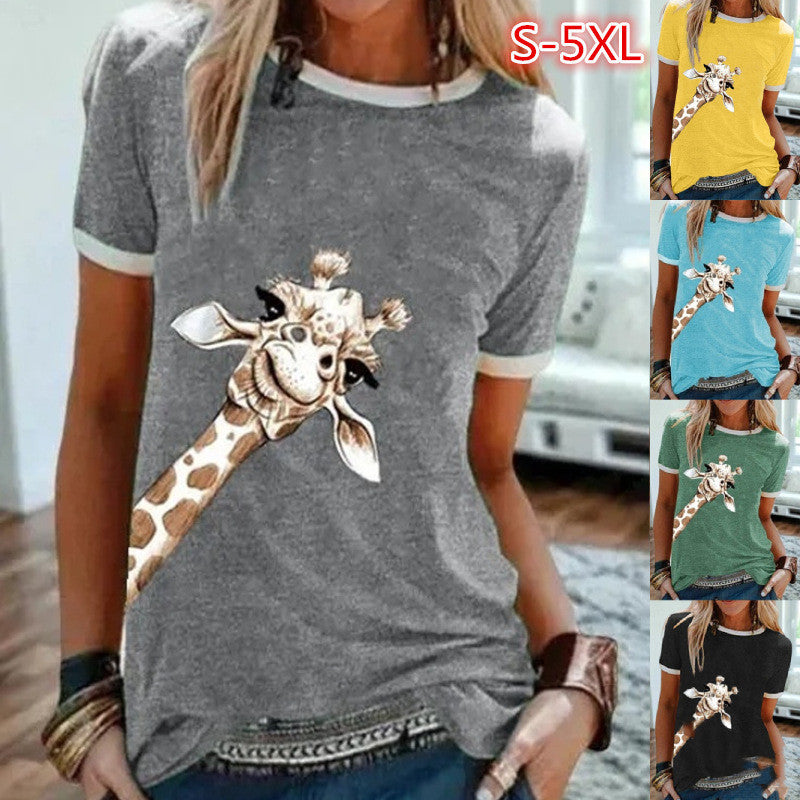Fashion Giraffe Print Solid Color Short Sleeve Crew Neck T-shirt