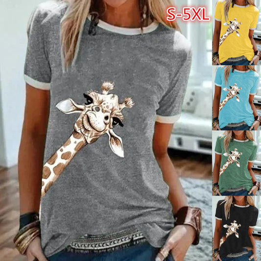Fashion Giraffe Print Solid Color Short Sleeve Crew Neck T-shirt