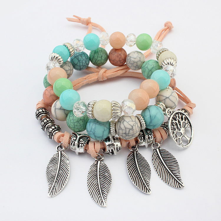 Europe and America retro life tree leaves multi-layer bracelet female hand-made glass beads