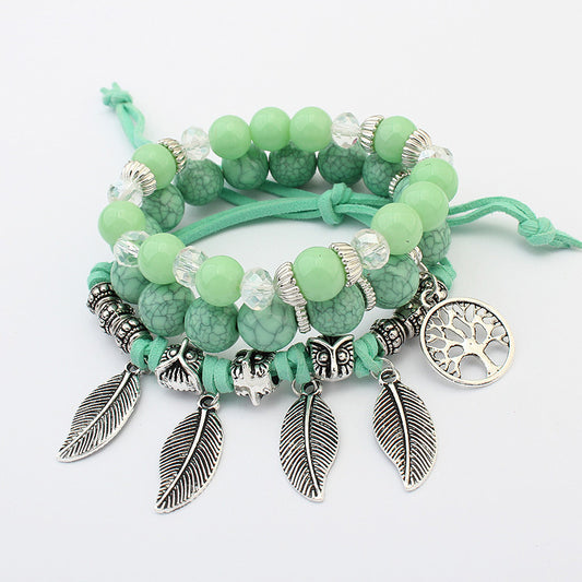 Europe and America retro life tree leaves multi-layer bracelet female hand-made glass beads
