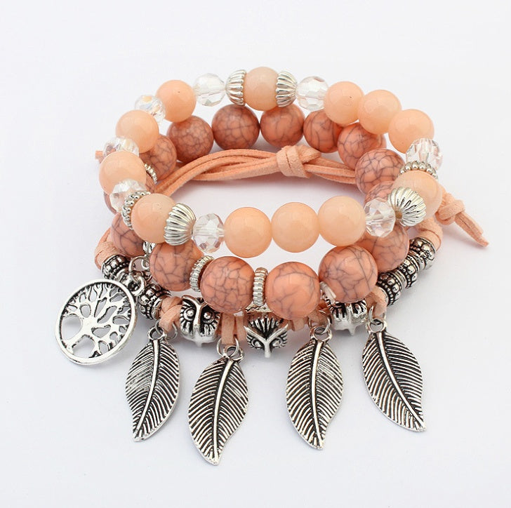 Europe and America retro life tree leaves multi-layer bracelet female hand-made glass beads