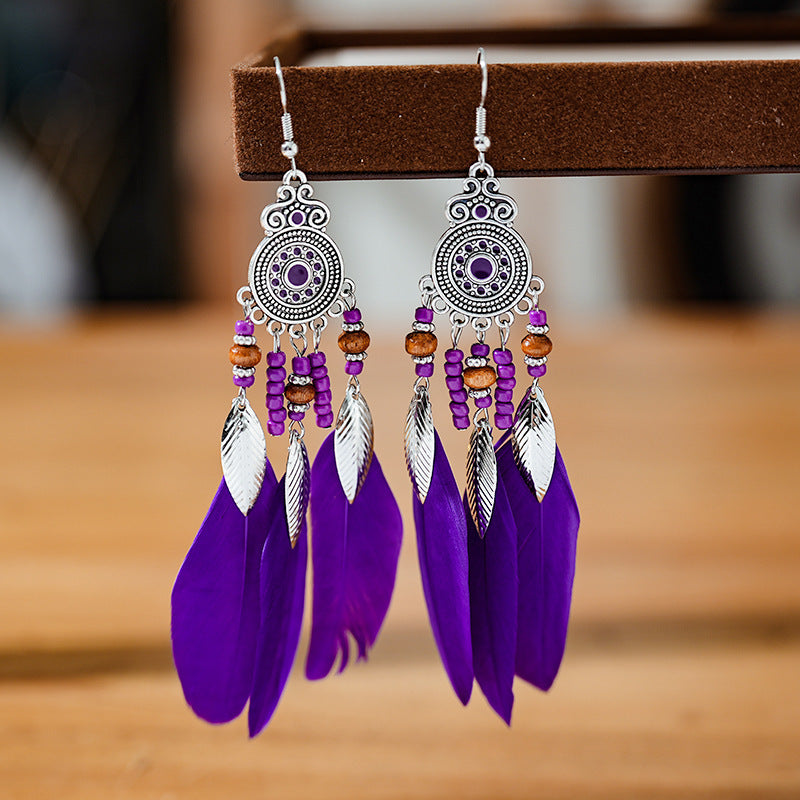 Feather Earrings Round Drop Oil Craft Earrings Retro