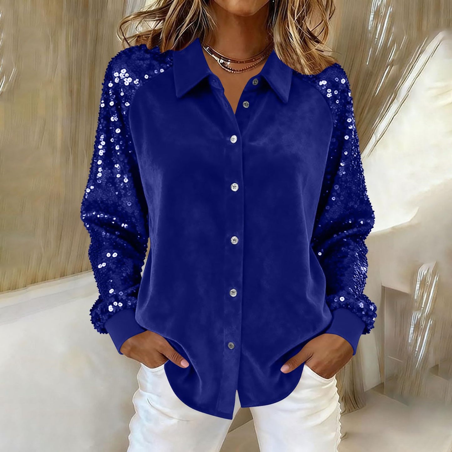 Women's Velvet Loose Shirt With Sequined Sleeves