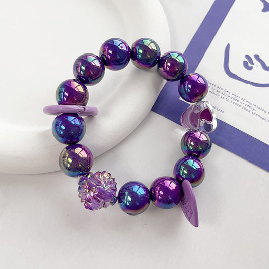 Plating Color Round Beads Handmade Beaded Purple Rose Love Hanging Mobile Phone Charm Keychain