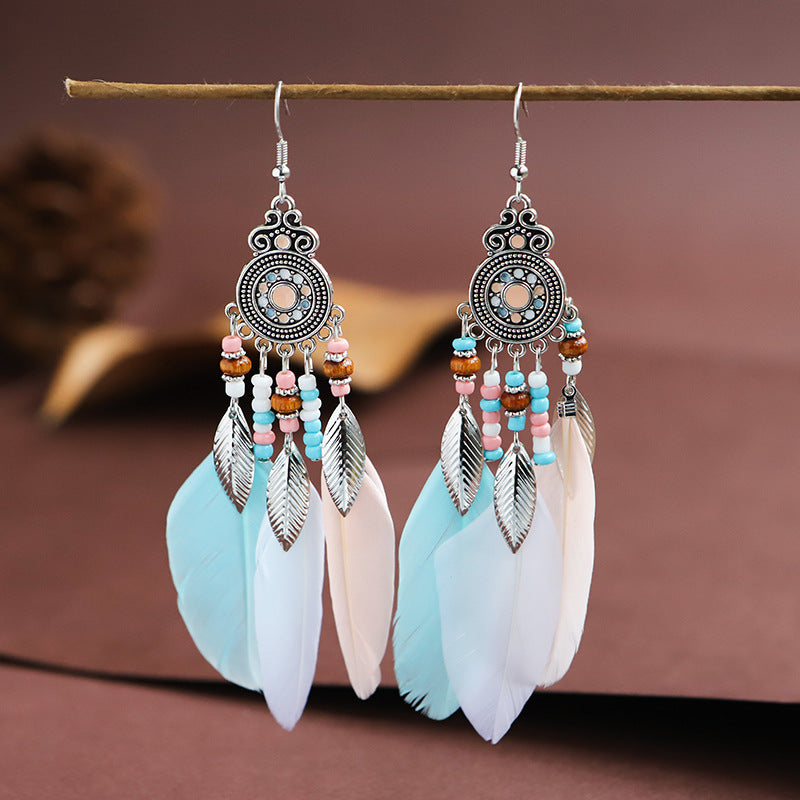 Feather Earrings Round Drop Oil Craft Earrings Retro