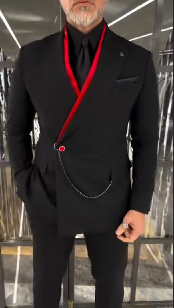 Fake Double-Layered Red Inside Jacket With Chain