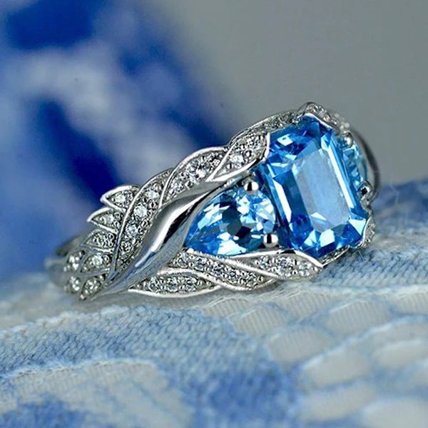 Blue Square Gem Female Ring Popular Ornament