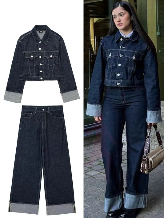 Women Vintage Denim Jacket Pant Sets