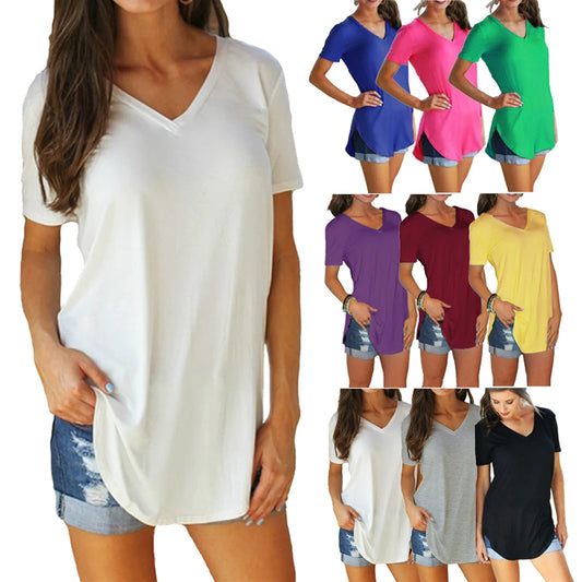 Summer solid color blouse V-neck short sleeve loose T-shirt