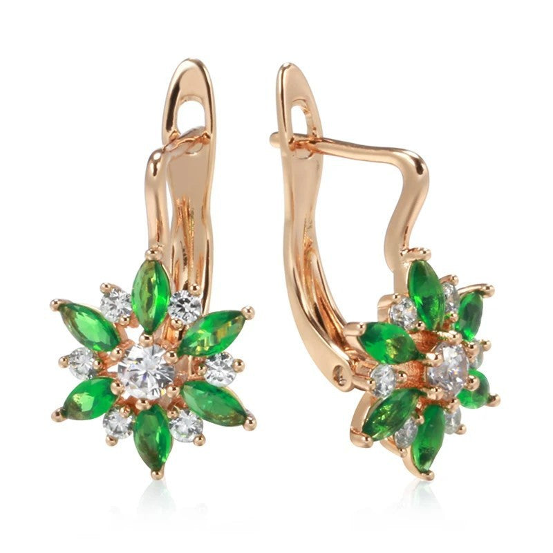 Flower Earring Ear Clip Green Zircon Ornament